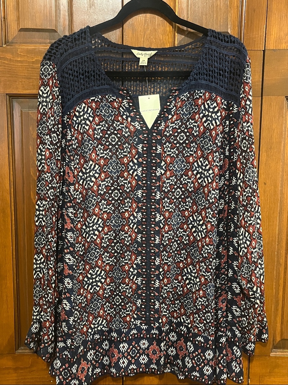 NEW! Boho Crochet-Trim Navy and Rust Color  Women's Peasant Blouse/Tunic Size 2X